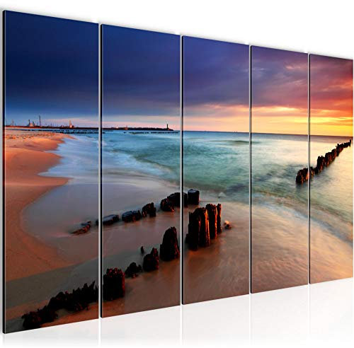 Runa Art Tableau mural XXL Plage Mer 200 x 80 cm Bleu Rose 5 Parties - 607855a