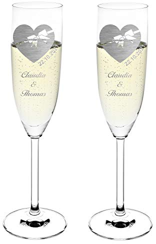 Leonardo Sektgläser - personalisiert mit Wunschnamen & Datum - als Geschenk zur Hochzeit, Verlobung & Jahrestag - das perfekte Hochzeitsgeschenk Herz mit Schleife