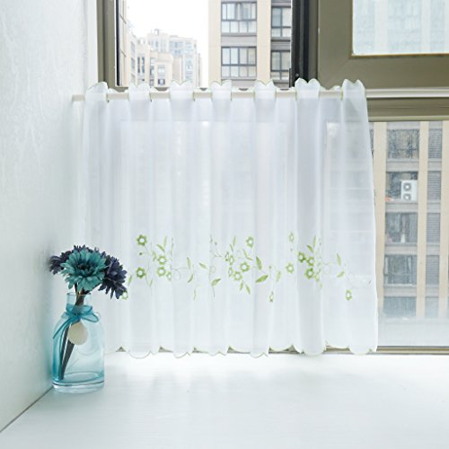 HongYa Voile Scheibengardine Transparenter Cafe Vorhang Kurzstore mit Blüten-Stickerei H/B 60/120 cm Grün