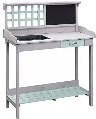 HOMCOM Garden Potting Table with Sink, Blackboard and Drawer, Wooden Planting Work Bench Workstation Outdoor Tool Storage Shelves