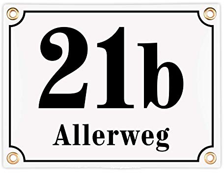 Sosenco Hausnummerschild Hausnummer mit Straßenname - 20x15 cm - Keramik Emaille - Wetterfest - Personalisiert (Weiß)