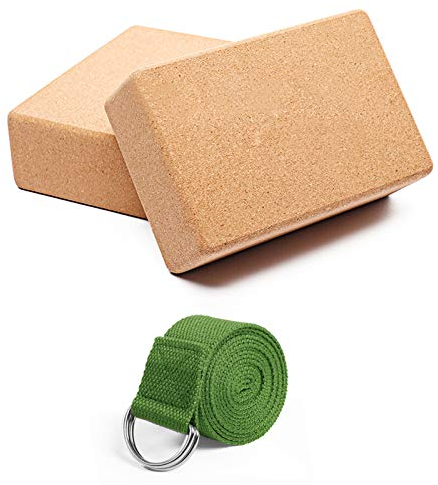 Jim's Store Yoga Block 2er Set mit Gurt, Naturkork Blöcke Korkblock für Yoga Pilates Meditiation und Fitness Unterstützung und Balance für Anfänger und Fortgeschrittene