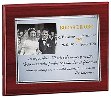 Curia Grabador - Placa Conmemorativa de 50 Aniversario Grabada en Madera - Placa grabada personalizada Con Foto y Texto a Elección - Regalos bodas de oro en madera