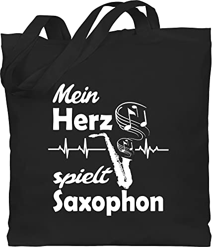 Baumwolltasche - Musik Instrument Zubehör - Mein Herz spielt Saxophon - Unisize - Schwarz - instrumente stoffbeutel für musiker stofftasche musikinstrumente jutebeutel leinentasche einkaufsbeutel