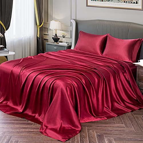 Vonty Satin Sheets California King Seidig weiches Satin-Bettwäsche-Set, 1 Spannbettlaken mit tiefen Taschen + 1 Bettlaken + 2 Kissenbezüge, Burgunderrot