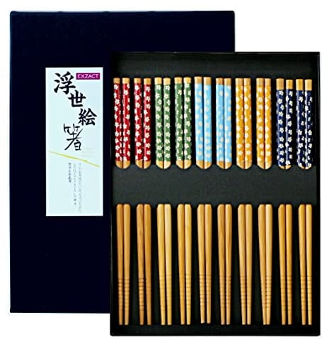 Exzact Set de regalo para palillos 10 pares de palillos de bambú natural reutilizables en una hermosa caja negra hecha a mano - Estilo japonés decorado