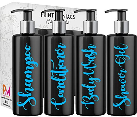 Print Maniacs Black Mrs Hinch Inspired Personalised 500ml Pump Bottles Bathroom Lotion Kitchen Set Shampoo Conditioner (Shower Gel Set) (Baby Blue)