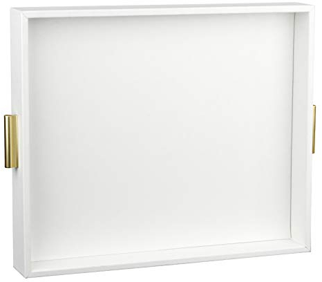 HofferRuffer Extra Large Serving Tray with Handles, Elegant Faux Leather Storage Decorative Tray for Coffee Table, Ottoman, Console Table (White Tray+Golden Handle)