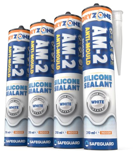 Dryzone Anti-Mould Premium Silicone Sealant (310 ml White) Low VOC Sealant for Bathroom and Kitchen (Pack of 4)