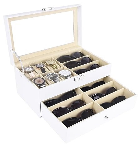 AUTOARK PU-Leder 6 Uhrenbox 9 Brillen Sonnenbrillen Schmuckkästchen,abschließbar Armbanduhr mit Schubladen,Glasfenster,Weiß,AW-131