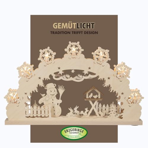 WEIGLA - Schwibbogen original Erzgebirge I Lichterbogen Weihnachten I Motiv Schneemann I 7 Lampenkerzen + 1 Ersatzlampe I 7 x 34 V, 3 W, E10 I beleuchtete Weihnachtsdeko