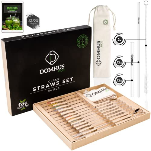 DOMHUS Glasstrohalme Wiederverwendbar Glas Strohhalme 24 pcs | 100% Plastickfrei | 12 glasstrohalme kurz, 12 lange trinkhalme glas, 2 Reinigungsbürsten, Stoffbeutel, Ebook | Aufforstungsprojekt