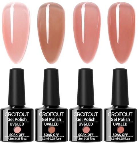 Croitout Gel Nail Polish Set - Sheer Nude and Crystal Translucent UV LED Soak Off Polish - Home DIY Manicure Set