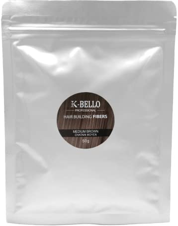 Poudre densifiante cheveux Kératine Naturelle & Végan K-Bello – Masque calvitie, alopécie, perte de cheveux & racines blanches – Fibres capillaire pour hommes et femmes (Recharge 50g, Châtain Moyen)