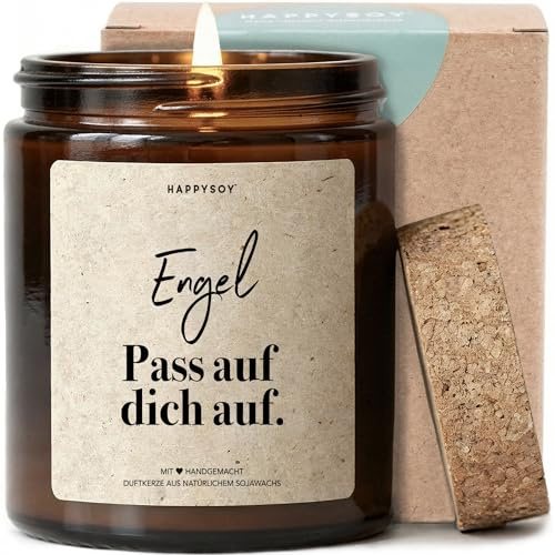 Engel pass auf dich auf - Duftkerze mit Spruch als Geschenk zur Aufmunterung, Trostgeschenk für Freundin, Mama oder Schwester, liebevolle Kerze im Glas mit blumigem Duft