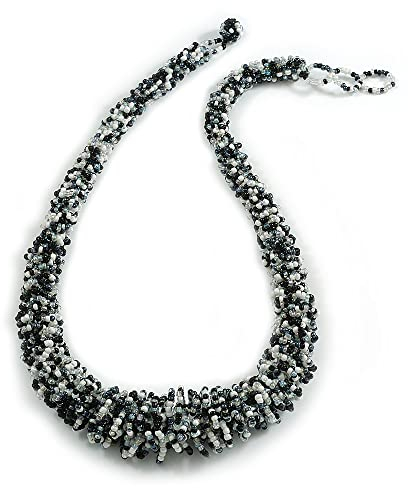 Avalaya Chunky Graduated Glass Bead Necklace In Black/White/Transparent - 62cm Long