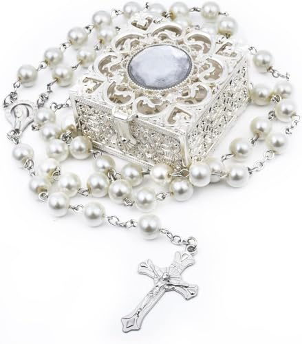 FLAFARY Rosary Set, First Communion for Girls and Boys, Rosary Beads Catholic for Men, Women and Kids Packed in Transparent Plastic Bag, Grandmother, Elders(white)