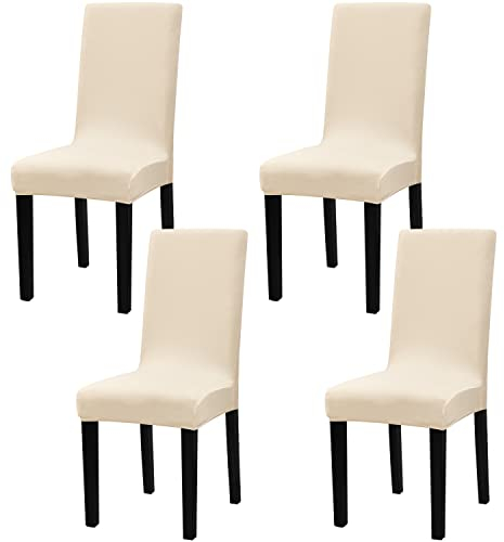 mafudoxi Stuhlhussen 4er Set, Stretch Abnehmbare Waschbar Stuhlbezug, Stretch Stuhlhusse mit Gummiband, für Hotel, Bankett, Restaurant, Haus, Party, Hochzeit(Beige, 4Stück)