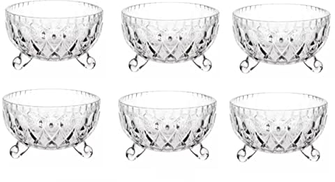 Khanary Set of 6 Glass Bowls Unique Embossed Crystal Look Footed Dishes Fruit Salad Trifle Dessert Sundae Ice Cream Appetiser Starter Prawn Cocktail Pudding Trifle (6 Bowls Set Geo)