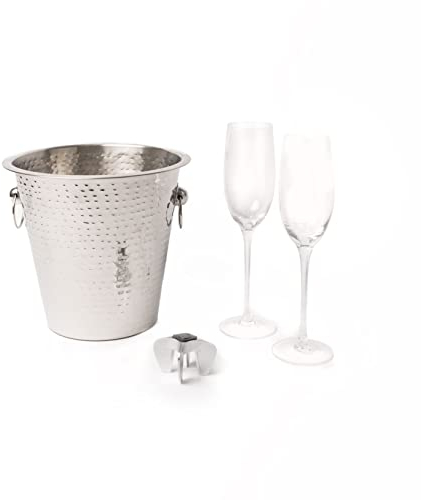 BarCraft Ribbed Flutes, Bottle Opener and Champagne Bucket Set