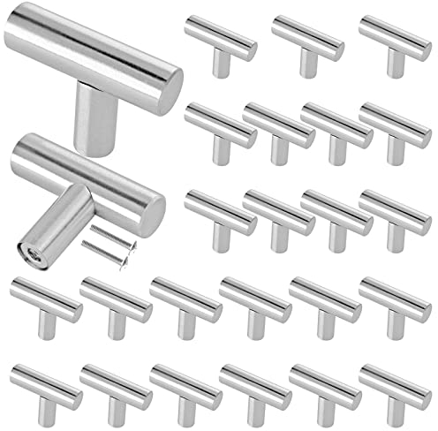 Cjueiom 25 Pack Brushed Nickel Cupboard Knobs 50mm Length T Bar Handles, Stainless Steel Drawer Knobs Silver Cupboard Pull Handles, Wardrobe Door Knobs Kitchen Cabinet Knobs for Bedroom Drawer Closet