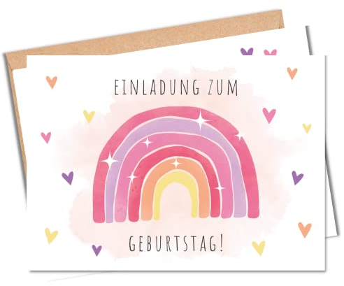 MeinBaby123® 10 Einladungskarten Kindergeburtstag Mädchen | süße Geburtstagseinladungen für Kinder | Regenbogen | inkl. 10 Briefumschläge | Premium Qualität (Regenbogen rosa V1)