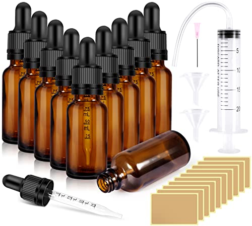 RYMALL Pipettenflasche 10Stk 10ml Apothekerflasche Pipette Bottles Braune Glasflasche, Innenstopfen mit Trichteraufkleber und Etikett, für Ätherisches Öl und Duftstoff