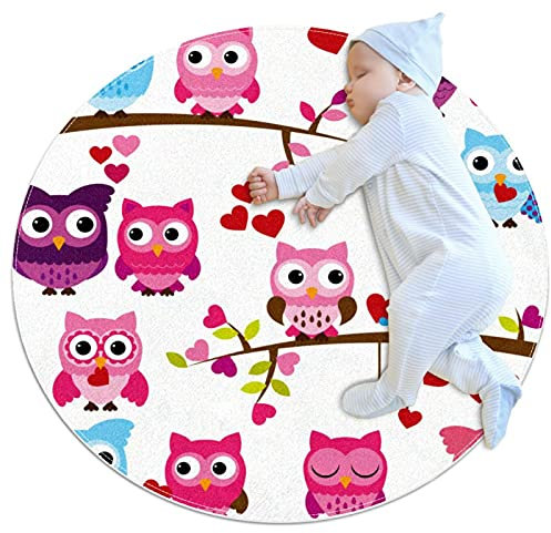 VBFOFBV Runder weicher Teppich für Kinder Baby Mädchen Teenager Zimmer Kreis Kinderzimmer Teppich für Schlafzimmer Wohnzimmer Wohnkultur,Karikatur Tier Eulen Paar Rosa