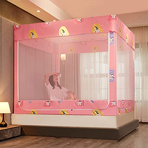 OKUOKA Moskitonetz für Bett, Anti-Mücken-Doppelbett-Baldachin, 3 Seitentüren, Campingzelt aus 100% Polyester, Vorhangnetz für Schlafzimmer, Bettwäsche, einfache Installation, Pink, 200 x