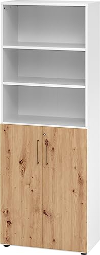 bümö Aktenregal & Schrank abschließbar, Büroschrank Regal Kombination Holz 80cm breit in Weiß/Asteiche - abschließbarer Schrank für's Büro & Arbeitszimmer, Büro Möbel Ordnerschrank