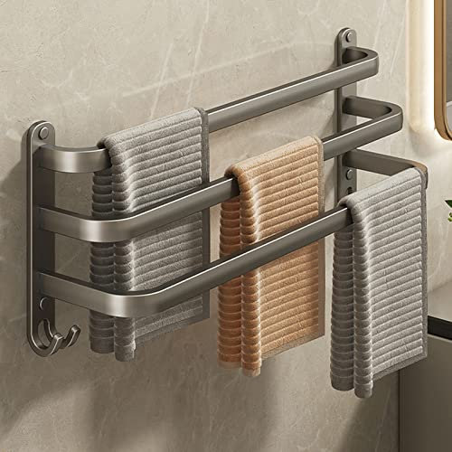 FUYAO Porte-Serviettes Salle De Bain Porte Serviette Mural en Aluminium À 3 Étages avec 2 Crochets sans Perçage Étagère Serviette pour Cuisine Toilettes Salle De Bain Cuisine D'hôtel,Gray c,70CM