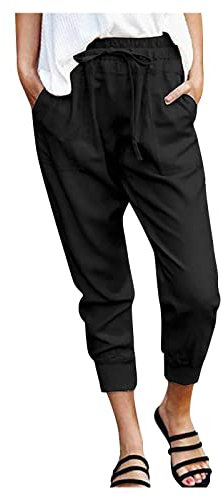 RMBLYfeiye Stoffhose Schwarz Damen Stoffhose Damen Sommer Kargo Hosen Frauen High Waist Einfarbig 7/8 Hosen Mit Taschen Straight Leg Schlupfhose Tunnelzug Chino Hose Schnittschutzhose