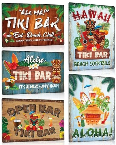 5er Set Blechschild Retro Tiki Bar - Hawaii Beach Cocktails Metallschild - ALOHA - Schild mit Spuch Lustig Witziger Deko Geschenk 20x30cm