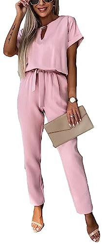 amropi Femmes Combinaison Manches Courtes Col V Jumpsuit Élégant Pantalon Casual Combishort avec Ceinture Rose,L