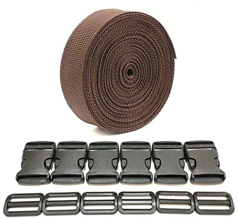 JYC CREATIVE Ruban de sac à dos 3 mètres x 32 mm + 12 boucles en plastique, ruban en nylon avec broches, sangle de sac à dos, sangle de bagage, sangle de valise, (32 mm, marron 303)