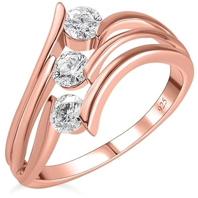 TJC Moissanite Three Stone Ring for Women in 18K Rose Gold Plated 925 Sterling Silver Size O Metal Wt. 3.4 Grams