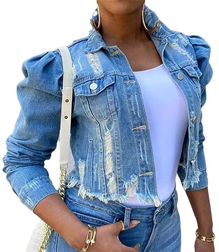 Adhdyuud Women's Casual Ripped Denim Jacket Puff Sleeve Button Down Streetwear Cropped Jean Coats Blue S