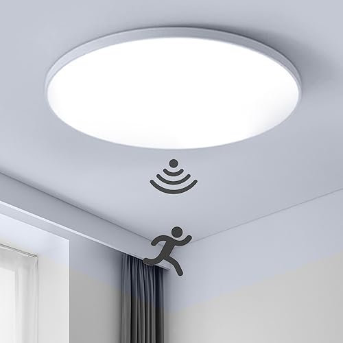 Mengjay Lámpara de Techo LED con Sensor de Movimiento,Plafon de Techo Redonda Ultra Delgada,Plafon LED Techo Cocina,para Cocina, Baño, Comedor, Pasillo, Balcón, Garaje (18W, Blanco)