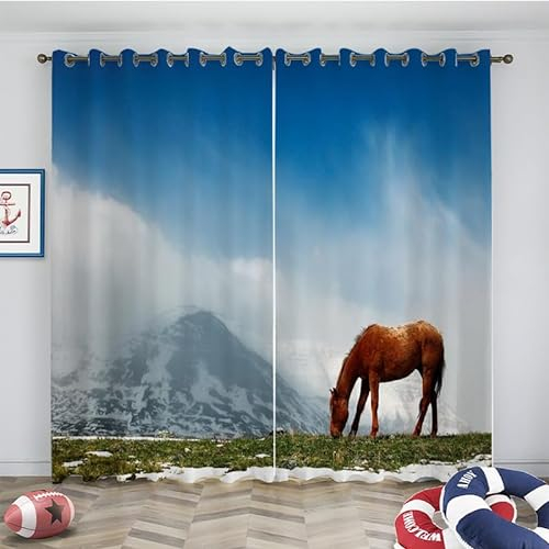 loyaltyer Verdunkelungsvorhang für Kinderzimmer Berge, Pferd Gardinen mit Ösen Blickdichter Vorhang für Kinderzimmer Schlafzimmer Wohnzimmer 2Er-Set Gardinen, 2x160x100 cm(HxB)