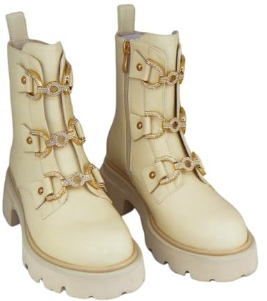 Tosca Blu S394 Biker Jennifer Con i Tre Grandi Morsetti Strassati Stivali Alti con Tacco Donna in pelle Panna Bianco (Panna, 39)