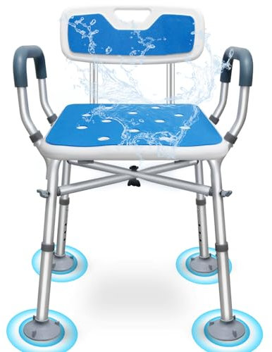 Shower Chair with Arms, Unique Heavy Duty Crossbar Supports Bath Chair with Back Bariatric Bath Stool Safety Handicap Shower Chair for Disabled Elderly Seniors Height Adjustable