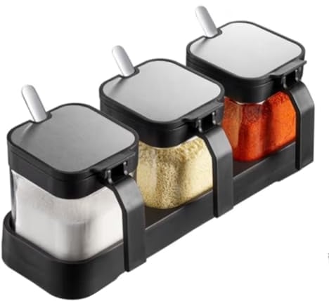 LOYUYU Condiment Jar Spice Container with Lids and Spoons, 250ml Clear Glass Condiment Jars Set of 3, Pots Seasoning Box Salt Container Sugar Bowl for Kitchen, Food Storage Black
