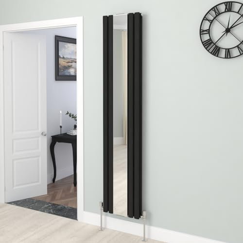 Warmehaus Vertical Oval Column Designer Mirror Radiator Double Black 1800 x 380mm Central Heating for Bathroom Kitchen Hallway Living Room