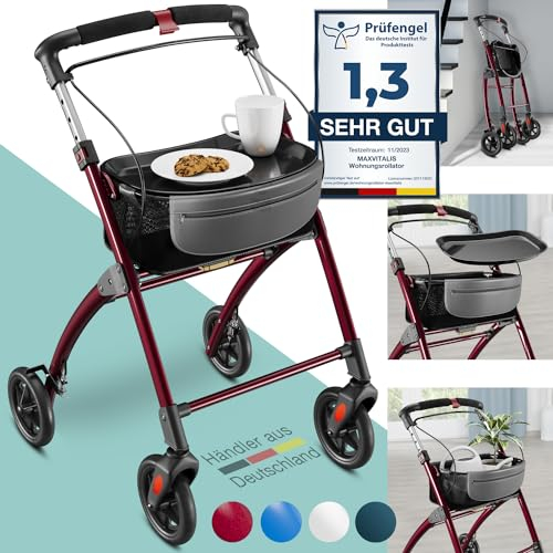 ELONEO Wohnungsrollator 54cm breit, faltbar und leicht, inkl. Tablett & Stoffkorb, Rollator schmal für die Wohnung, Indoor-Rollator, klappbar, Aluminium,Mobilität für Zuhause rot