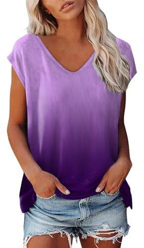 Camiseta para mujer, camiseta de verano para mujer, cuello en V, holgada, informal, básica, estampada, manga corta, camiseta de verano, camiseta de verano, cómoda manga corta, A5-lila., XL