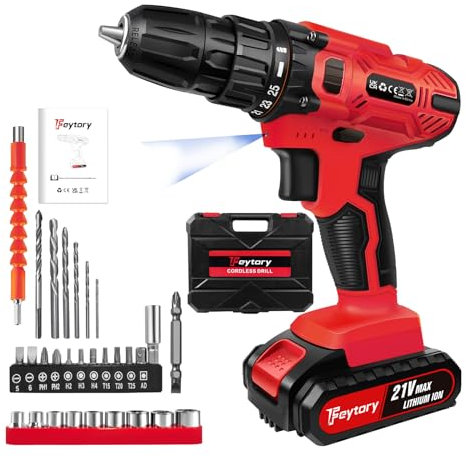 VickyHome 21V Mini Drill with 1500mAh Lithium-Ion Battery and Fast Charger, 25+1 Torque Electric Small Power Drill with 0-400/0-1400rpm Adjustable Speed, LED Work Light, Red