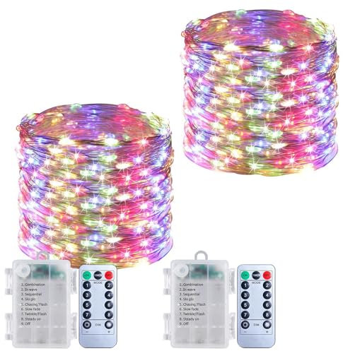 Lichterkette innen Batterie 2 x 50 LEDs Lichterketten Draht mit Timer, 8 Modi, 5m mini Lichterkette mit Fernbedienung, Klein LED Lichterkette Dimmbar für Kinderzimmer Weihnachtsbaum Camping, Bunt