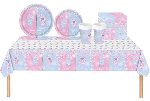 69Pcs Little Foot Baby Shower Gender Reveal Party Tableware Set,Boy or Girl Tablecloth,Paper Plates,Napkins and Cups Dinnerware Set,Pink and Blue Cutlery for Baby Shower Gender Reveal Party Decoration