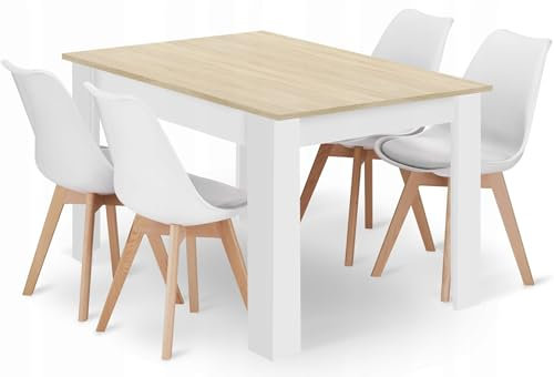 NMK HOME Ensemble Table a Manger Rectangulaire 120 x 80 cm avec 4 Chaises Blanc - Table et Chaises Salle Manger avec Coussin en Cuir Synthétique et Pieds en Bois de Hêtre