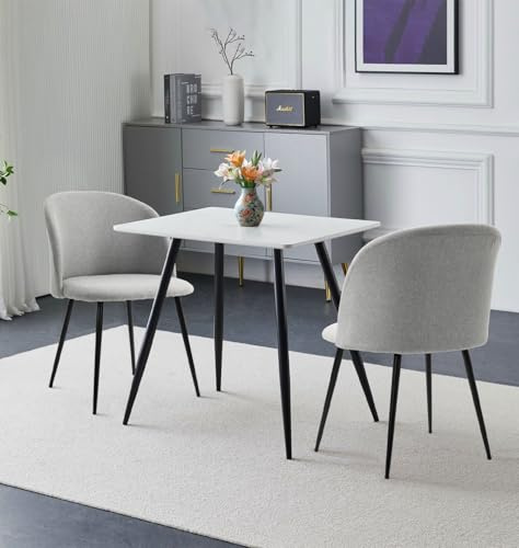 Hallowood Furniture Cullompton Small Dining Table and Chairs Set 2 80x60cm | Faux Marble White Table and Chairs in Curved Back Light Grey Fabric Upholstery, Space Saving Breakfast Nook, DIning Set for 2